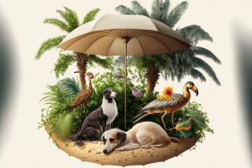 animal scene from the summer adorable animals taking a summertime nap under a palm tree umbrella. Generative AI