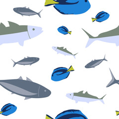 Fishes Seamless Pattern with White Background. Fish background, vector illustration