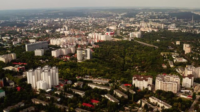 Establishing, Cinematic High angle shot of Chisinau, Moldova.