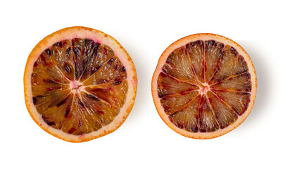 Blood red orange slice isolated on white background. BIO fruits