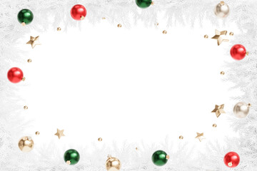Baubles and Christmas wreath frame, holidays card, 3d render