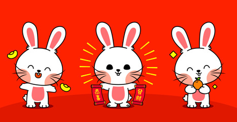 Set of Illustration Cute Rabbit Wishing Happy Chinese New Year