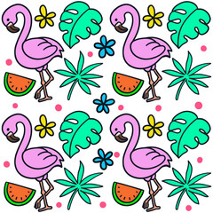 Hand drawn cute flamingo with tropical objects doodle illustration seamless pattern
