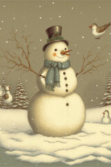 illustration of cute snowman in winter snowy landscape, christmas mood