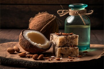 Fototapeta na wymiar AI generated, natural coconut walnut oil and soap