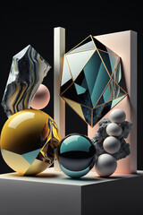 3D modern minimalist render art of abstract dimensional materials made of glass, marble, and stone with pastel gradient backgrounds