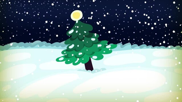 Christmas tree dancing on a winter landscape. Happy cartoon animation background, with moving character. Frost, snow, pulsing stars. Seamless loop.
