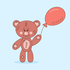 Cute teddy bear with balloon. Plush toy. Hand drawn doodle illustration.