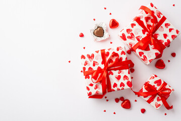 St Valentine's Day concept. Top view photo of present boxes in wrapping paper with heart pattern chocolate candies and sprinkles on isolated white background with blank space