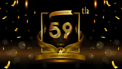59th golden anniversary logo with gold ring and golden ribbon, vector design for birthday celebration, invitation card.