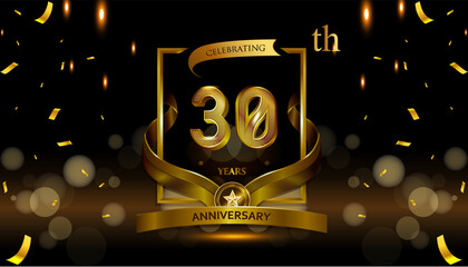 30th golden anniversary logo with gold ring and golden ribbon, vector design for birthday celebration, invitation card.
