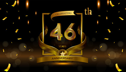 46th golden anniversary logo with gold ring and golden ribbon, vector design for birthday celebration, invitation card.