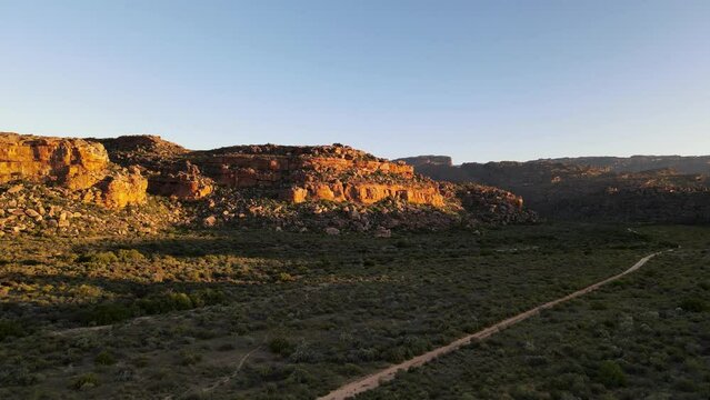 Aerial view of Bushmanskloof reserve valley at sunset in Cederberg, Western Cape, South Africa.