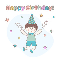 Fototapeta na wymiar Cute little kawaii boy with party hat and confetti. Happy Birthday text. Hand drawn doodle illustration.