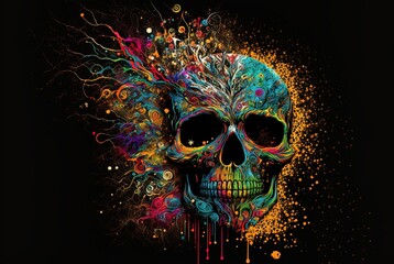 illustration of skull with vivid bright color splash, idea for fun and extreme theme, 