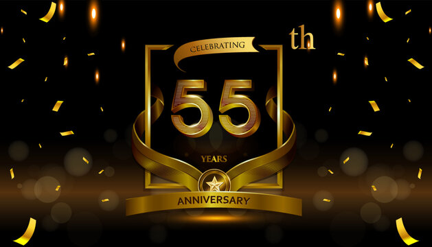 55th golden anniversary logo with gold ring and golden ribbon, vector design for birthday celebration, invitation card.