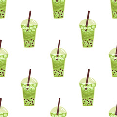 Vector seamless pattern with matcha bubble tea. White background with green tea. Asian food. Japanese dessert.