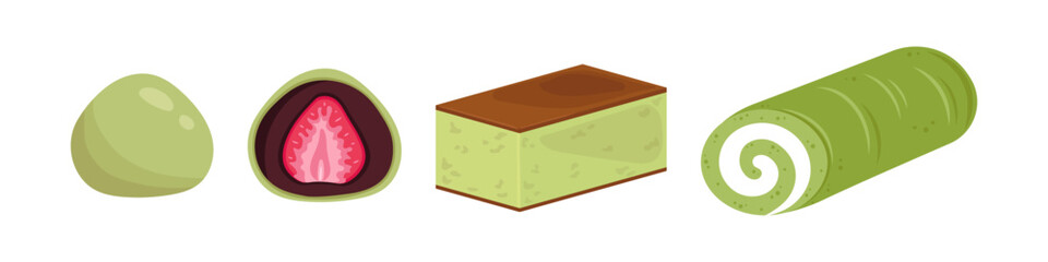 Vector set with japanese matcha desserts. Collection with mochi, castella cake and matcha roll cake. Asian food.