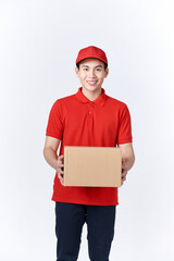 Asian delivery man holding package boxes in front.