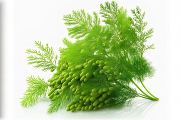 Fototapeta premium Fresh green dill in a bunch, isolated against a white background. Generative AI