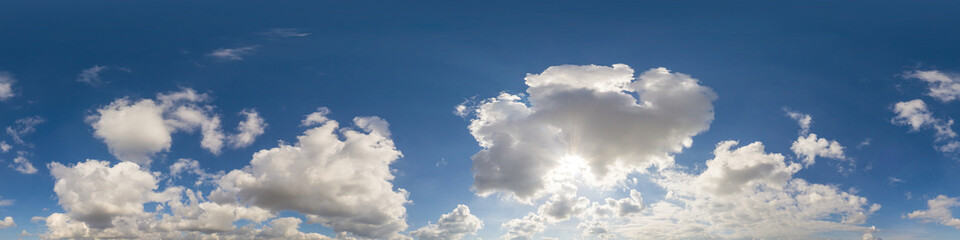 Blue sky panorama with puffy Cumulus clouds. Seamless hdr pano in spherical equirectangular format....