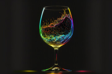 A wine glass with bubbles and neon colors, black background, isolated, generative ai