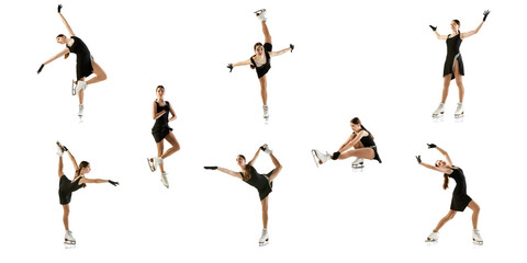 Set of portraits of young, professional female rhythmic gymnast in motion, action isolated over white studio background. Collage