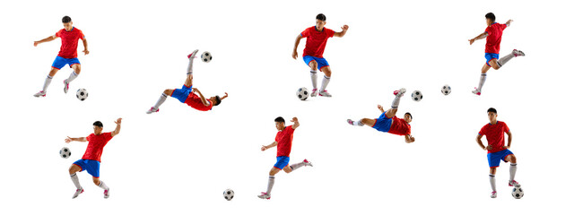 Collage of movements of young man, professional male soccer, football player in motion, training isolated over white background. © Lustre Art Group 