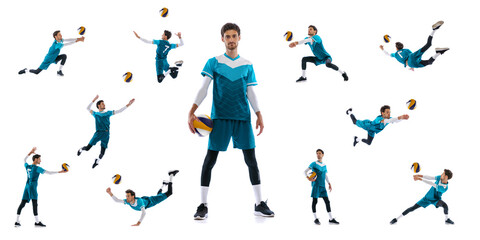 Collage of movements. Young man, volleyball player in motion, training, playing isolated over white background. Sport, development of movements