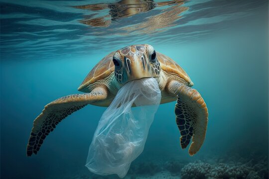AI generated, Plastic Pollution In Ocean, Turtle Eat Plastic Bag, Environmental Problem