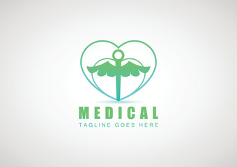 Staff Hermes caduceus. Medical health care logo design, stamp emblem badge circular design template.