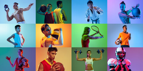 Collage made of portraits of diverse professional atheletes of different age doing various sports...