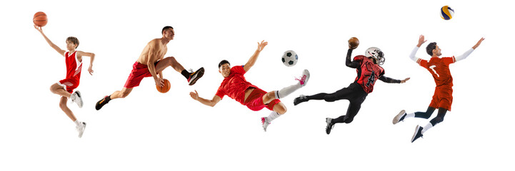 Fototapeta na wymiar Basketball, football, voleyball players in action over white background. Concept of sport, achievements, competition, championship. Collage