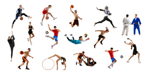 Collage of sportive people, adults and children doing different sports, posing isolated over white background.