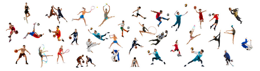 Mega collage of professional athletes, adults and children doing different sports isolated over white background. Sport, teamm competition