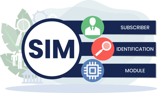 SIM - Subscriber Identification Module acronym. business concept background. vector illustration concept with keywords and icons. lettering illustration with icons for web banner, flyer, landing page