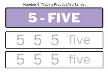 Numbers 5. Tracing Worksheet for kids. Preschool worksheet, practicing motor skills - tracing dashed lines. 