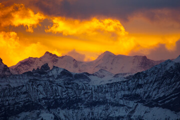 Sonnenaufgang in den Berner Alpen im Winter Richtung Eiger, Jungfrau, Lobhörner, Äbni Flue