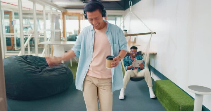 Man, dancing headphones or walking in modern office, coworking space or teamwork startup company with freedom energy. Smile, happy or music dance for busibess worker or creative designer with coffee