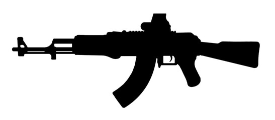 Silhouette image of ak assault rifle weapon with scope red dot sign isolated on white background