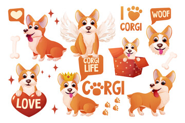 Set corgi dog stickers with crown, wings, sitting, adorable pet, activities in cartoon style isolated on white background. Comic emotional character, funny pose