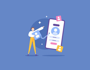 link accounts or connect accounts. login or sign in. a user connects his account with a smartphone using a chain. backup account. illustration concept design. graphic elements