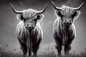 scottish highland cow, generative ai illustration - obrazy, fototapety, plakaty