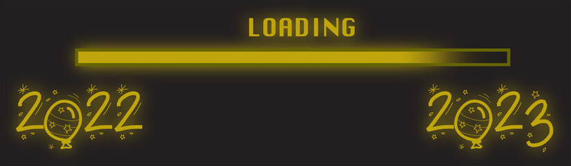 2023 loading, golden glowing progress bar on black background, new year holiday greeting card