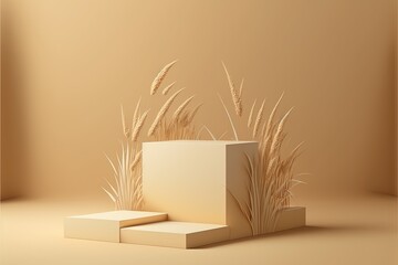 AI generated, podiums for product display, commercial concept beige background