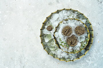 Black caviar on ice on a metal bowl. Gourmet food in a restaurant. On concrete texture background.