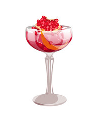 Pomegranate cocktail.Alcoholic cocktail with pomegranate seeds, orange peel, ice.Festive red-ruby cocktail.