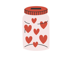Hand drawn cute illustration of jar with hearts. Flat vector love and support in simple colored doodle style. Charity, philanthropy, volunteer sticker, icon or print. Isolated on white background.