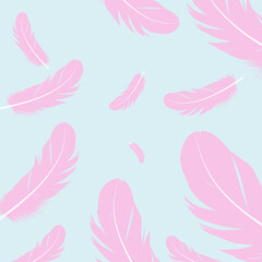 Vector pink feathers on isolated blue background 