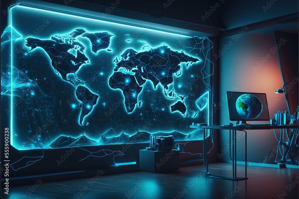 Wall mural 4k resolution or higher, futuristic sci-fi room with hologram blue lighted bright glass with plexus 